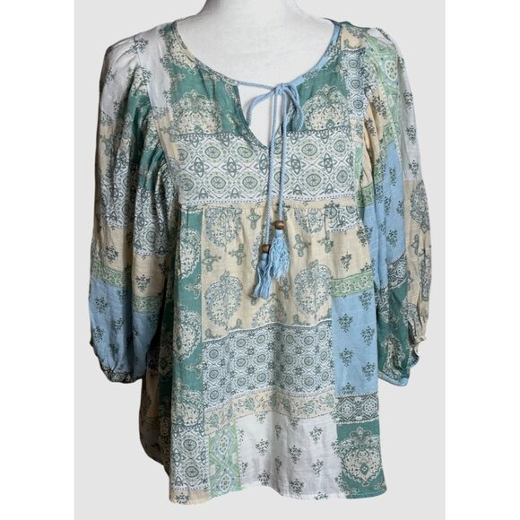Unique Spectrum Tops - Patchwork Boho Top Aqua Gauze Balloon Sleeves Ethereal Cottage Fairy Coastal S